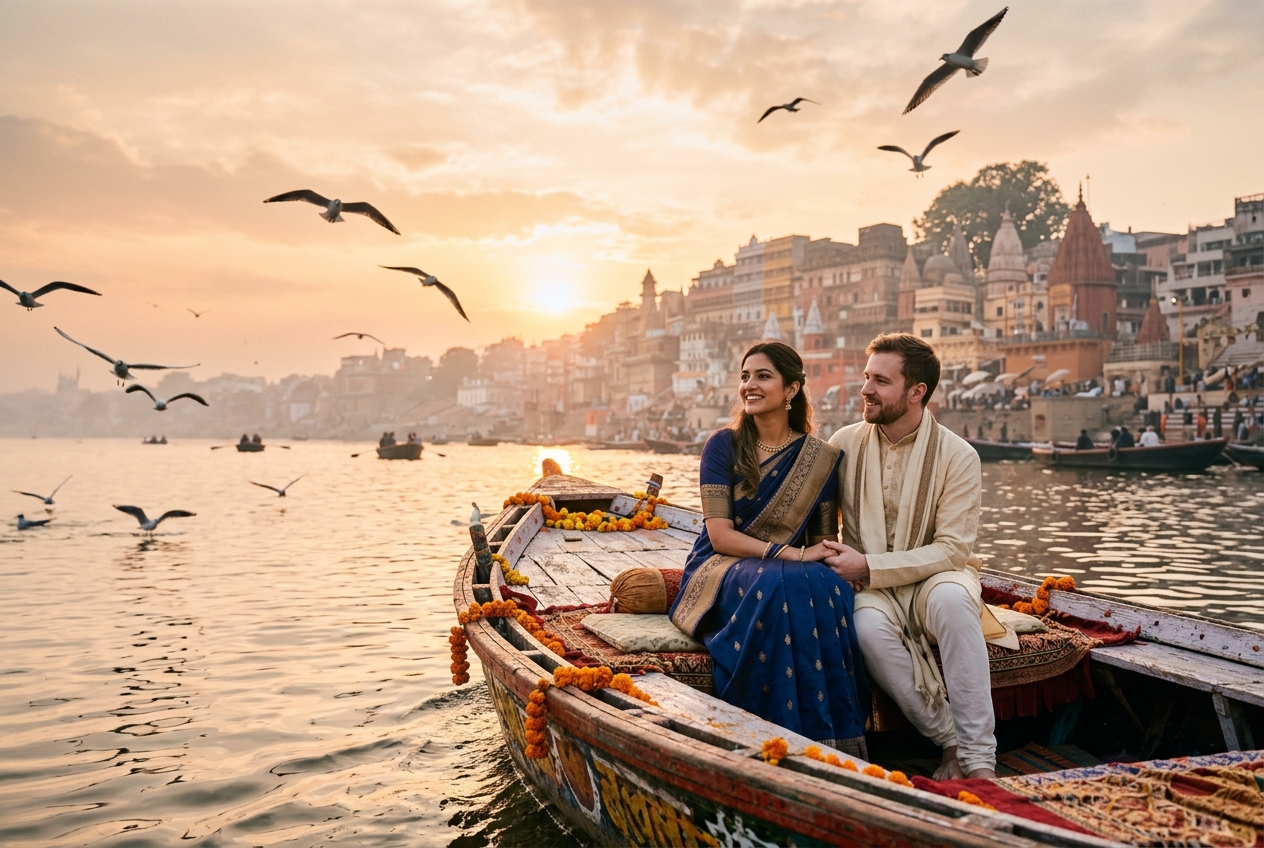 Couple & Pre-Wedding Photoshoot Boat Varanasi — Marigold Floral Decor & Dawn Light
