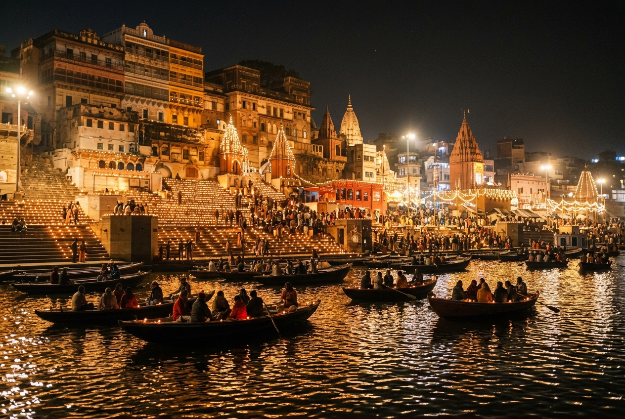 Dev Deepawali grand illumination with millions of diyas and boats on the Ganges river in Varanasi