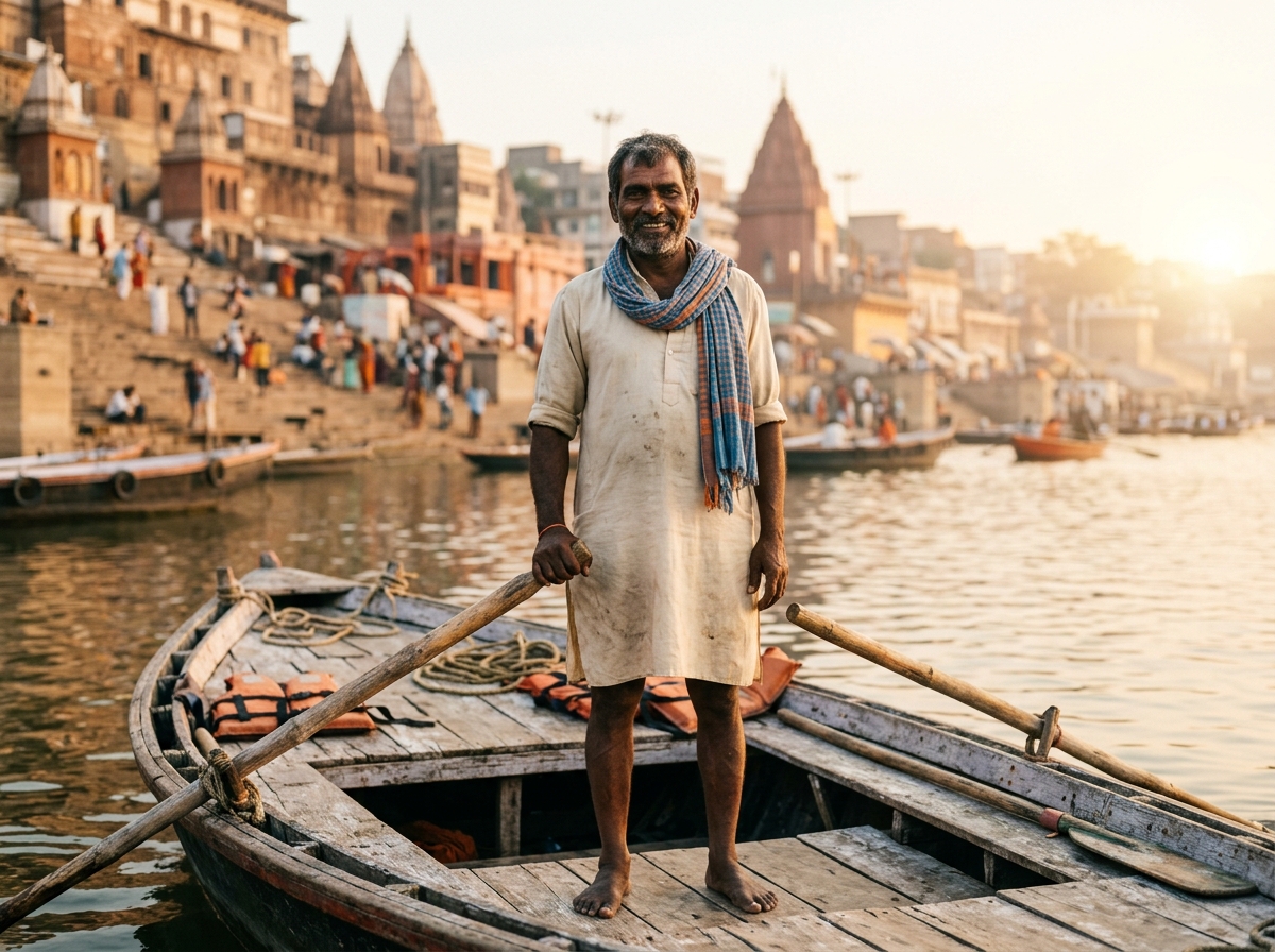 Authentic Varanasi Nishad Boatman (Manjhi) with traditional wooden boat